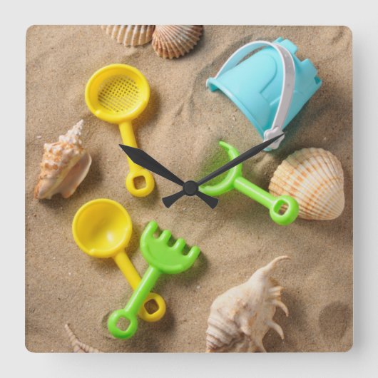 Beach Toys Quadratische Wanduhr (Vorderseite)