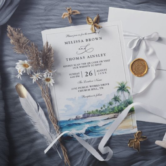 Beach Tropical Elegant Modern QR Code Wedding Einladung