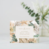 Beach Tropical Leaf Hochzeit retten das Datum Ankündigungspostkarte (Stehend Vorderseite)