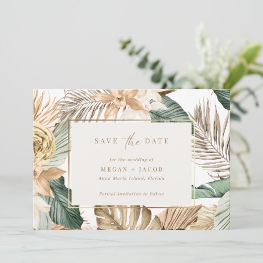 Beach Tropical Leaf Hochzeit retten das Datum Save The Date (Stehend Vorderseite)