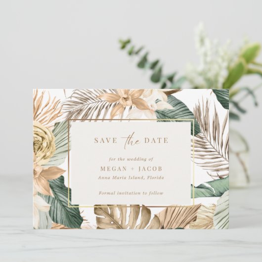Beach Tropical Leaf Hochzeit retten das Datum Save The Date (Stehend Vorderseite)