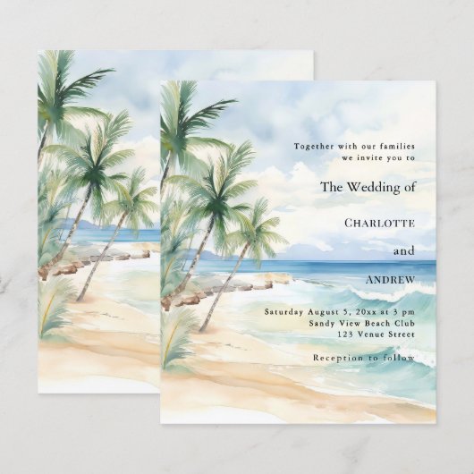 Beach tropical palm destination wedding invitation (Vorne/Hinten)