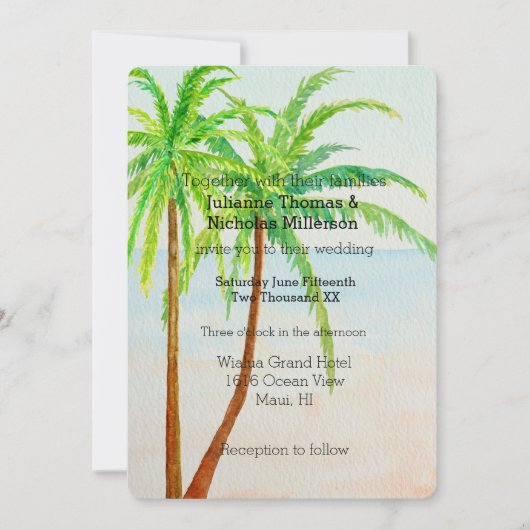 Beach Tropical Palm Trees Wedding Einladung (Vorderseite)