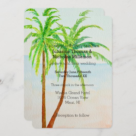 Beach Tropical Palm Trees Wedding Einladung (Vorne/Hinten)