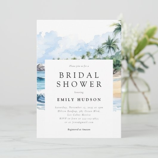 Beach Tropical Summer Bridal Dusche Einladung (Stehend Vorderseite)