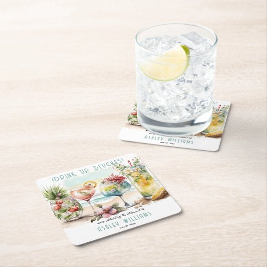 Beach Tropical Themed Cocktails Rente Party Rechteckiger Pappuntersetzer (Vor Ort)