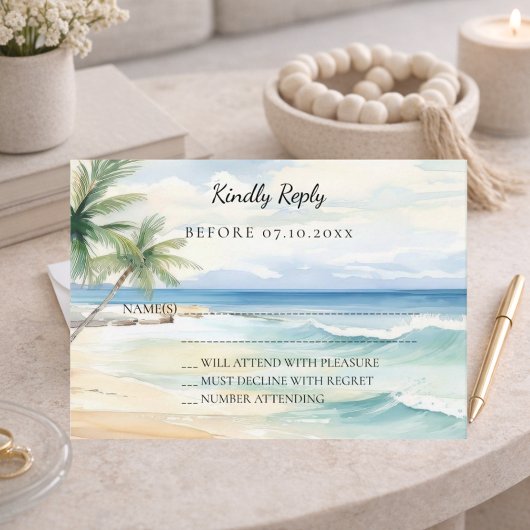 Beach tropical watercolor wedding response RSVP Mitteilungskarte