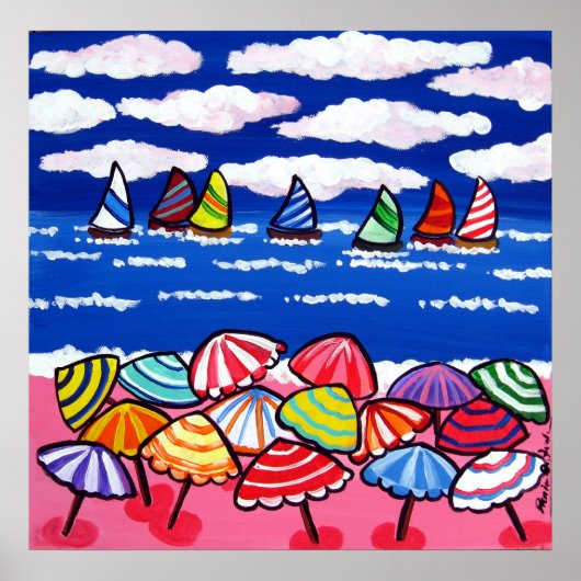 Beach Umbrells Sailboats Spaß Kunst Poster (Vorne)