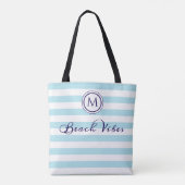 Beach Vibes Blue White Strip Coastal Monogram Tasche (Rückseite)
