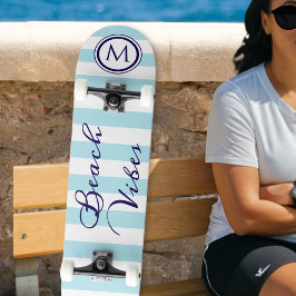 Beach Vibes Blue White Strip Cool Monogram Skateboard