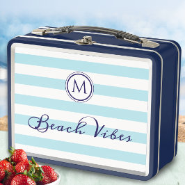 Beach Vibes Cool Blue White Stripes Monogramm Metall Brotdose