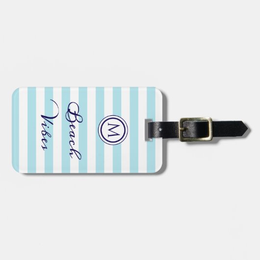 Beach Vibes Nautical Stripe Blue White Monogram Gepäckanhänger (Vorderseite horizontal)