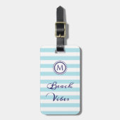 Beach Vibes Nautical Stripe Blue White Monogram Gepäckanhänger (Vorderseite vertikal)