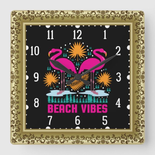 Beach Vibes Pink Flamingos-19501 Quadratische Wanduhr (Vorderseite)