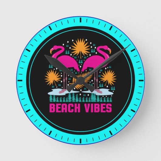 Beach Vibes Pink Flamingos-19501 Runde Wanduhr (Vorderseite)