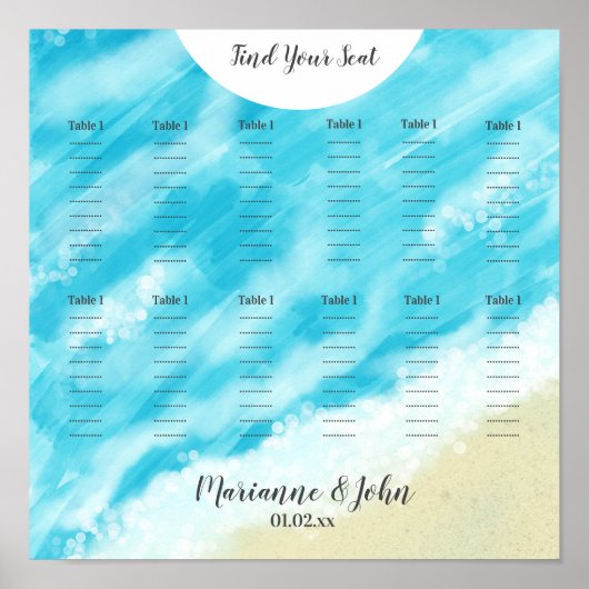 Beach Watercolor Bokeh Light Wedding Chart Poster (Vorne)