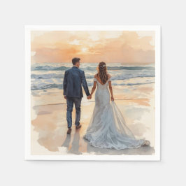 Beach Watercolor Bride & Groom Painted Wedding Serviette