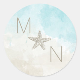 Beach Watercolor Monogram Hochzeitsskizze Umschlag Runder Aufkleber