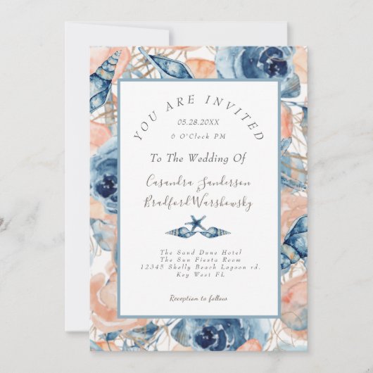 Beach Watercolor Muschel Rose Blumenblauer Hochzei Einladung (Vorderseite)