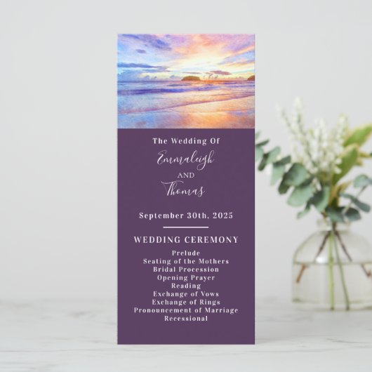 Beach Watercolor Pink Sunrise Wedding Programm (Stehend Vorderseite)
