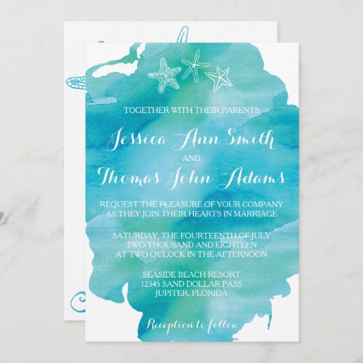 Beach Watercolor Starfish Ozean Hochzeit Einladung (Vorne/Hinten)