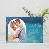 Beach Watercolor Whimsical Foto Wedding Save The Date (Stehend Vorderseite)