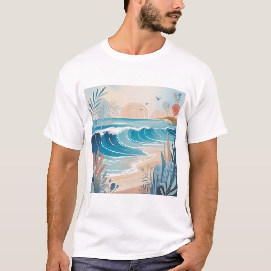 Beach Wave Minimal Art T-Shirt – Ruhige Küstenästh (Vorderseite)