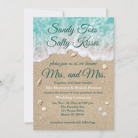 Beach Waves Sandy Toes Salty Kisses Mrs. & Mrs. Einladung (Vorderseite)
