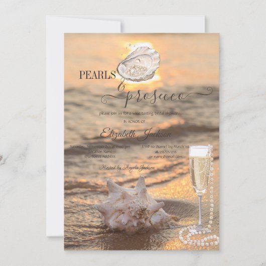 Beach Waves Sunset Seashell Pearls & Prosecco Einladung (Vorderseite)