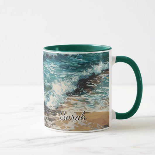 Beach Waves und Sandmalerei Personalisiert Tasse (Rechts)