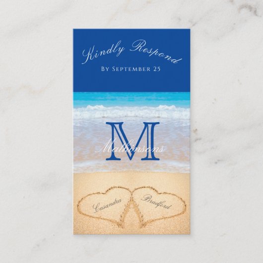 Beach Wedding 2 Hearts Sand Dark Blue UAWG Enclos Begleitkarte (Vorderseite)