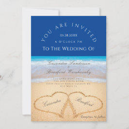 Beach Wedding 2 Hearts Sand Wedding Dark Blue Einladung