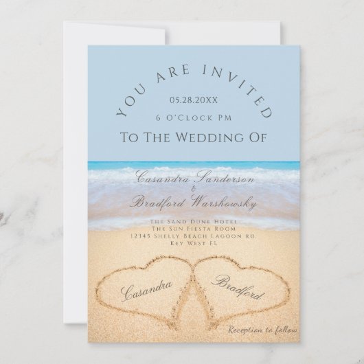 Beach Wedding 2 Herz in the Sand Hochzeit Invita Einladung (Vorderseite)
