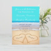 Beach Wedding 2 Herz Sand Aquamarin Blue Einladung (Stehend Vorderseite)