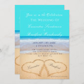 Beach Wedding 2 Herz Sand Aquamarin Blue Einladung (Vorne/Hinten)