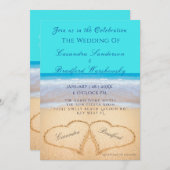 Beach Wedding 2 Herz Sand Aquamarin Blue Einladung (Vorne/Hinten)