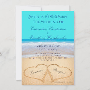 Beach Wedding 2 Herz Sand Aquamarin Blue Einladung
