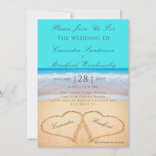 Beach Wedding 2 Herz Sand Aquamarin Blue Einladung (Vorderseite)