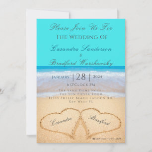 Beach Wedding 2 Herz Sand Aquamarin Blue Einladung