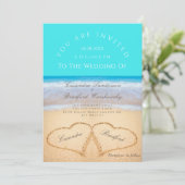 Beach Wedding 2 Herz Sand Wedding Aquamarin Blue Einladung (Stehend Vorderseite)
