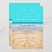 Beach Wedding 2 Herz Sand Wedding Aquamarin Blue Einladung (Vorne/Hinten)
