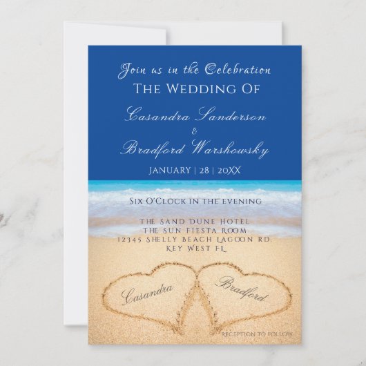 Beach Wedding 2 Herz Sand Wedding Dark Blue Inv Einladung (Vorderseite)