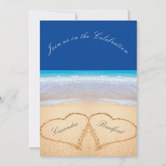 Beach Wedding 2 Herz Sand Wedding Dark Blue Inv Einladung (Rückseite)