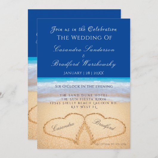 Beach Wedding 2 Herz Sand Wedding Dark Blue Inv Einladung (Vorne/Hinten)