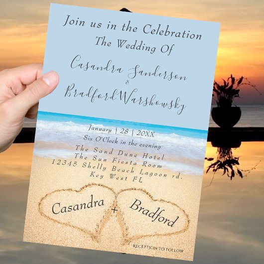 Beach Wedding 2 Herz Sand Wedding Dusty Blue Einladung
