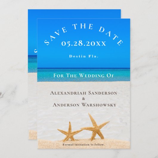 Beach Wedding 2 Starfish in Sand Save the Date Einladung (Vorne/Hinten)