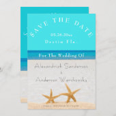Beach Wedding 2 Starfish in Sand Save the Date Inv Einladung (Vorne/Hinten)