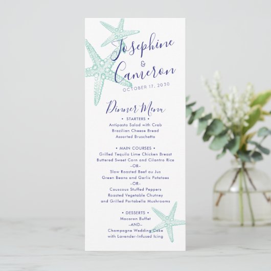 Beach Wedding Aquamarin Blue Starfish Modern Menükarte (Stehend Vorderseite)