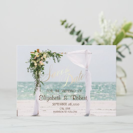 Beach Wedding Arbor Floral Save the Date (Stehend Vorderseite)