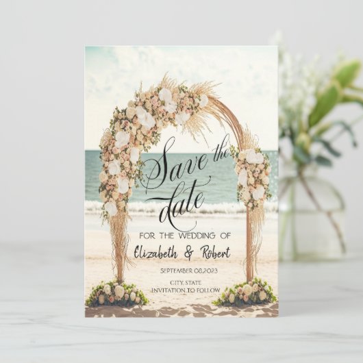 Beach Wedding Arbor Rose Save the Date (Stehend Vorderseite)
